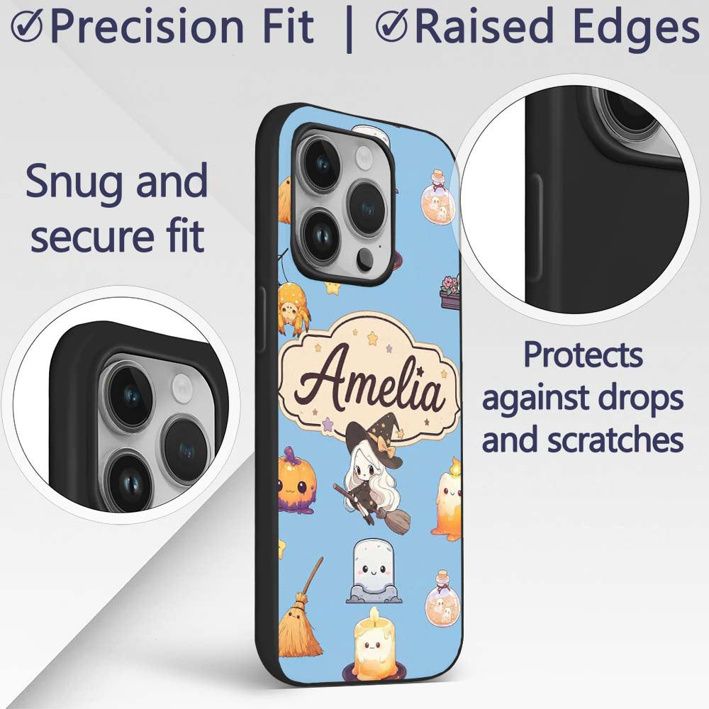 Cute Kawaii Halloween Witch Decorative Design Custom Name Protective Phone Case Mobile Cover Durable Everyday Smartphone Shock Resistant