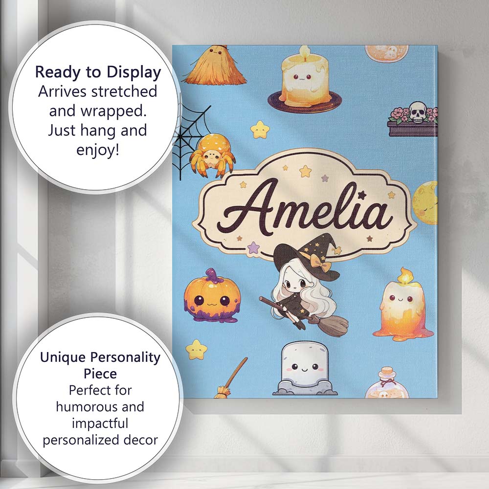 Personalised Name Cute Kawaii Halloween Custom Modern Room Accent Elegant Feature Canvas Wall Art Print Decor Picture Ready to Hang