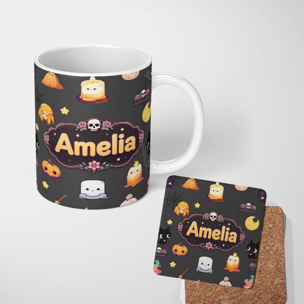 Personalized Custom Name Cute Kawaii Halloween Witch Pumpkin Spider Seamless Pattern Dark 11oz Ceramic Coffee Tea Mug White Large Handle