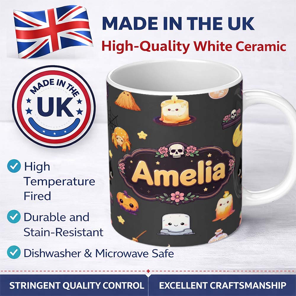 Personalized Custom Name Cute Kawaii Halloween Witch Pumpkin Spider Seamless Pattern Dark 11oz Ceramic Coffee Tea Mug White Large Handle