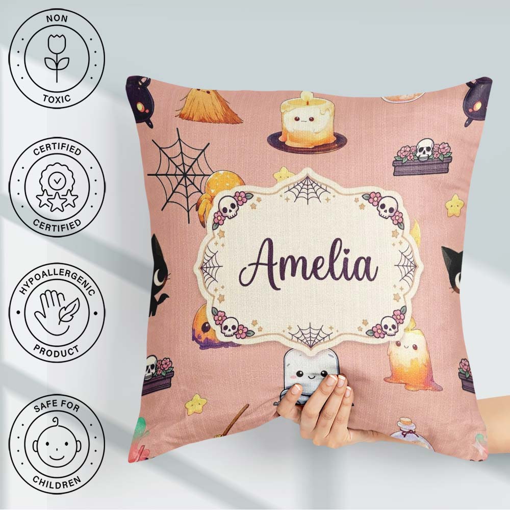 Custom Name Kawaii Halloween Witch Pumpkin Spider Seamless Peach Square Filled Cushion Throw Pillow Sofa Bed Home Decor Zip Washable UK Made