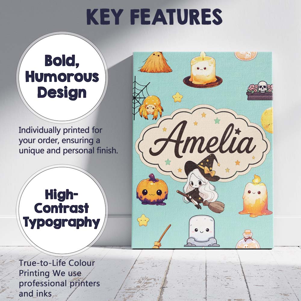Personalised Name Cute Kawaii Halloween Custom Modern Room Accent Elegant Feature Canvas Wall Art Print Decor Picture Ready to Hang