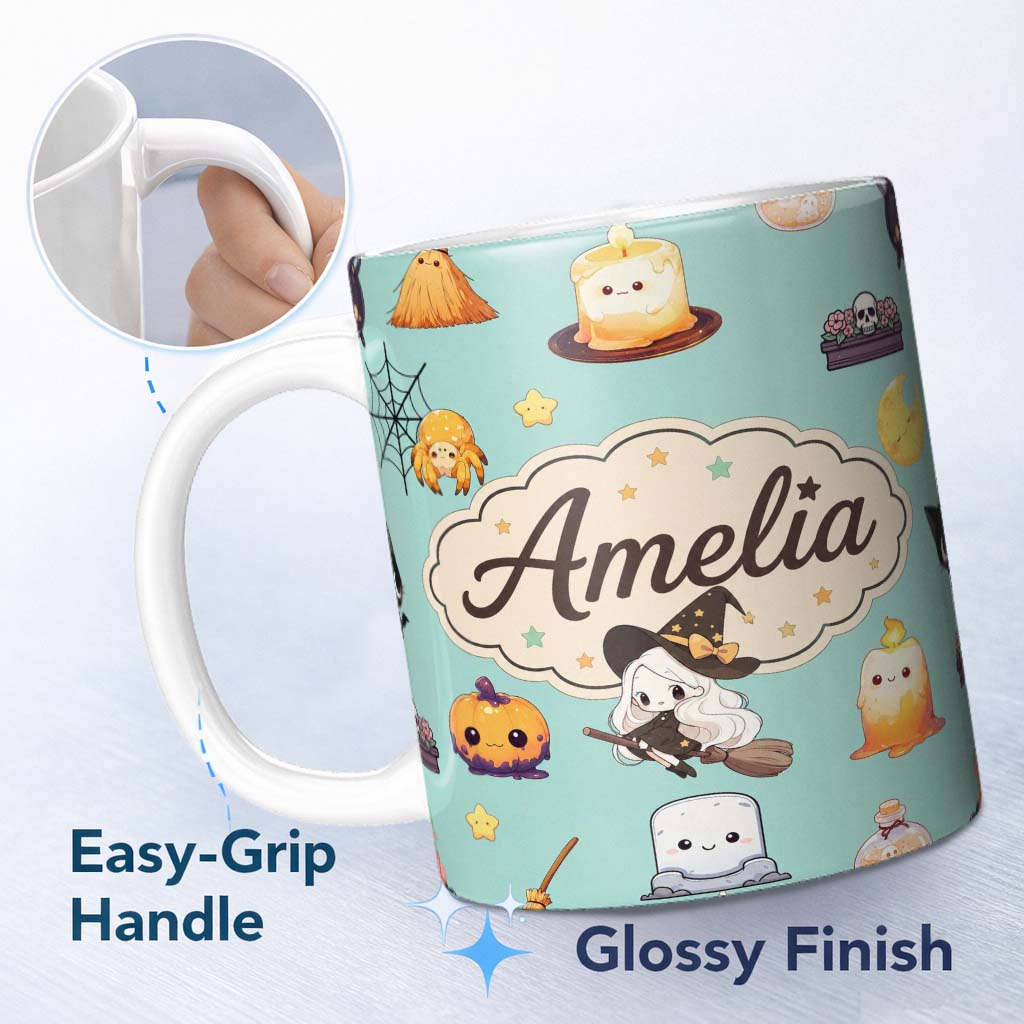 Personalized Custom Name Cute Kawaii Halloween Witch Pumpkin Spider Seamless Pattern Teal 11oz Ceramic Coffee Tea Mug White Large Handle