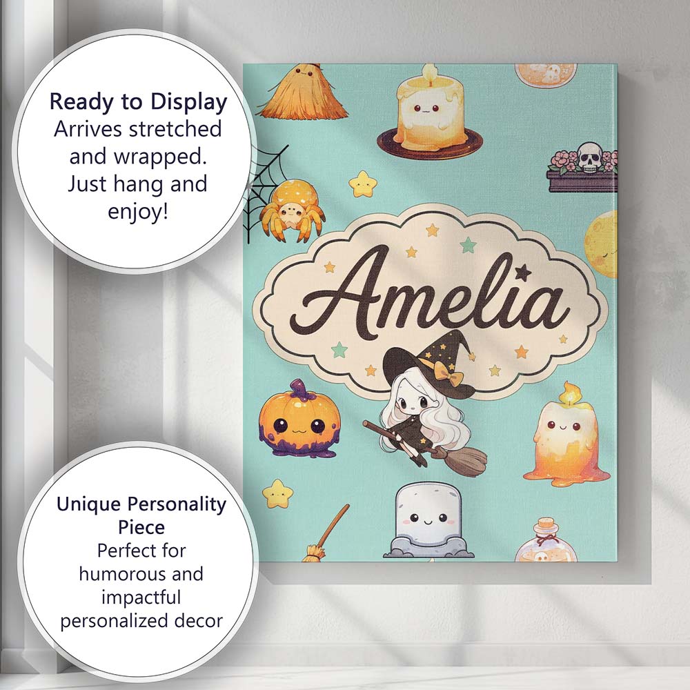 Personalised Name Cute Kawaii Halloween Custom Modern Room Accent Elegant Feature Canvas Wall Art Print Decor Picture Ready to Hang