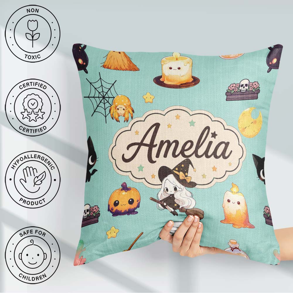 Custom Name Kawaii Halloween Witch Pumpkin Seamless Pattern Teal Square Filled Cushion Throw Pillow Sofa Bed Home Decor Zip Washable UK Made