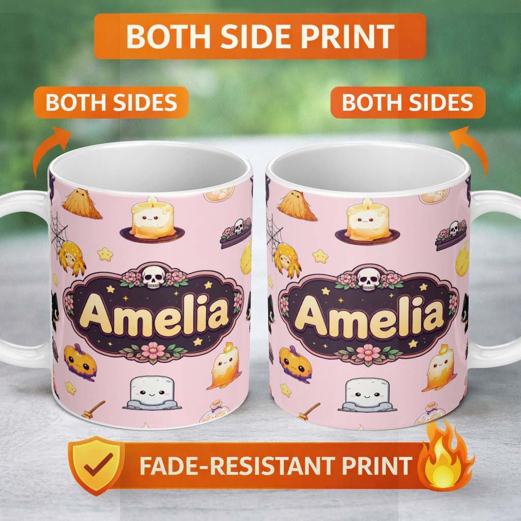Personalized Custom Name Cute Kawaii Halloween Witch Pumpkin Spider Seamless Pattern Pink 11oz Ceramic Coffee Tea Mug White Large Handle