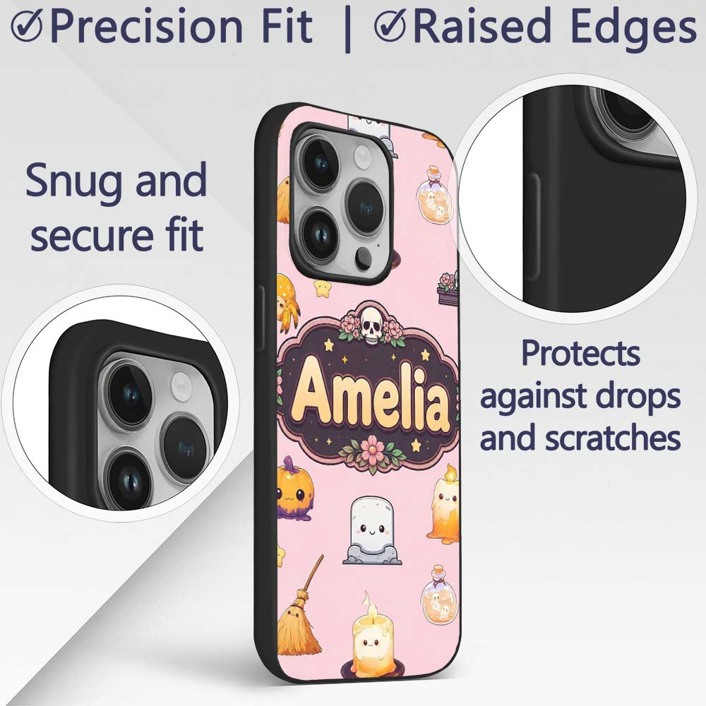 Cute Kawaii Halloween Witch Decorative Design Custom Name Protective Phone Case Mobile Cover Durable Everyday Smartphone Shock Resistant