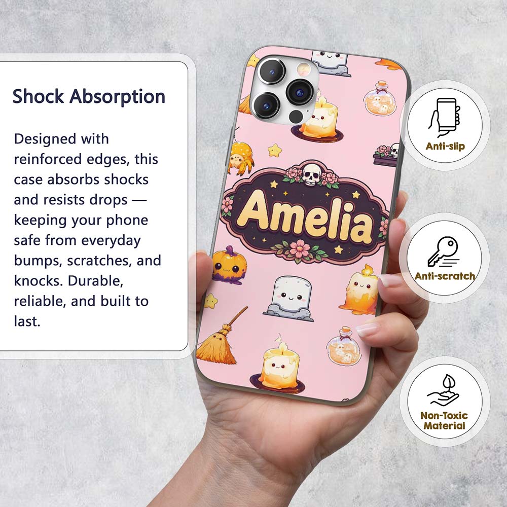 Cute Kawaii Halloween Witch Decorative Design Custom Name Protective Phone Case Mobile Cover Durable Everyday Smartphone Shock Resistant