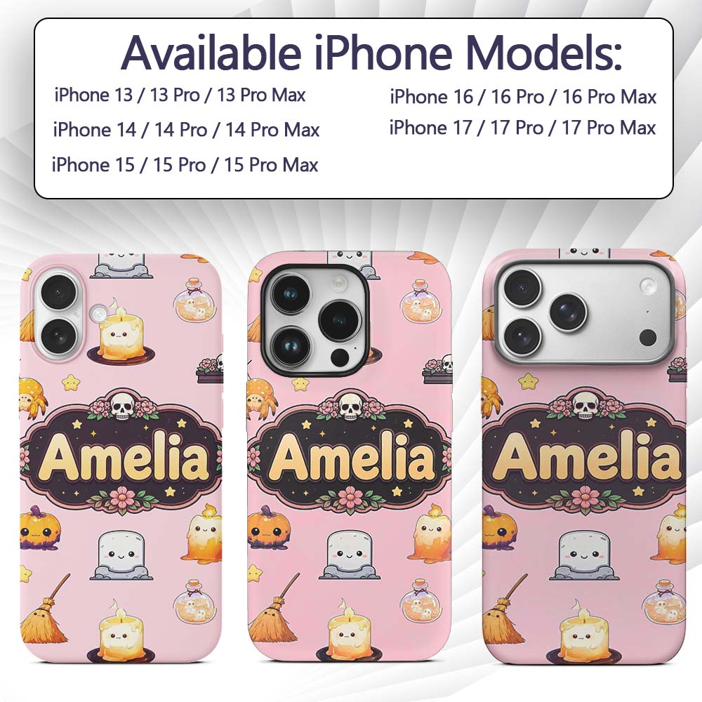 Cute Kawaii Halloween Witch Decorative Design Custom Name Protective Phone Case Mobile Cover Durable Everyday Smartphone Shock Resistant