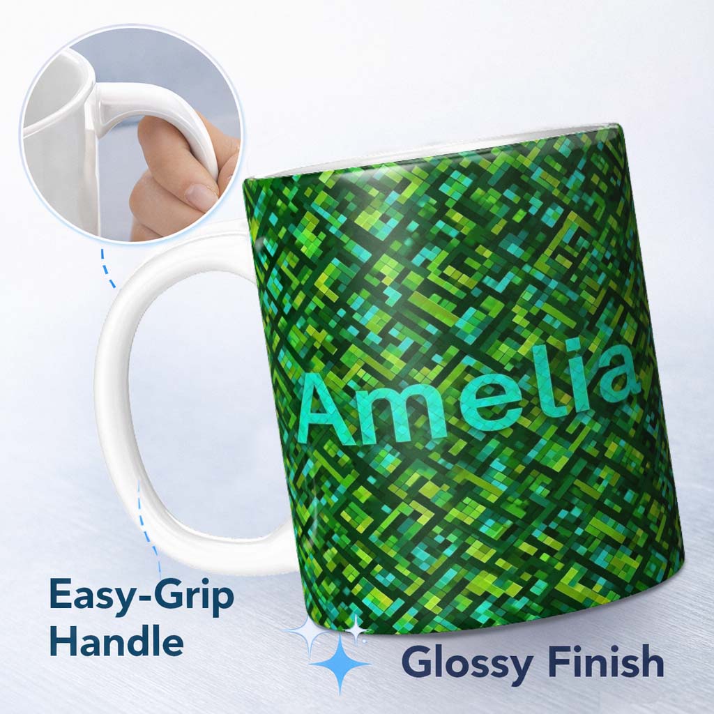 Personalized Custom Name Green Pixel Geometric Abstract Seamless Pattern Stylish Everyday Mug 11oz Ceramic Coffee Tea Mug White Large Handle