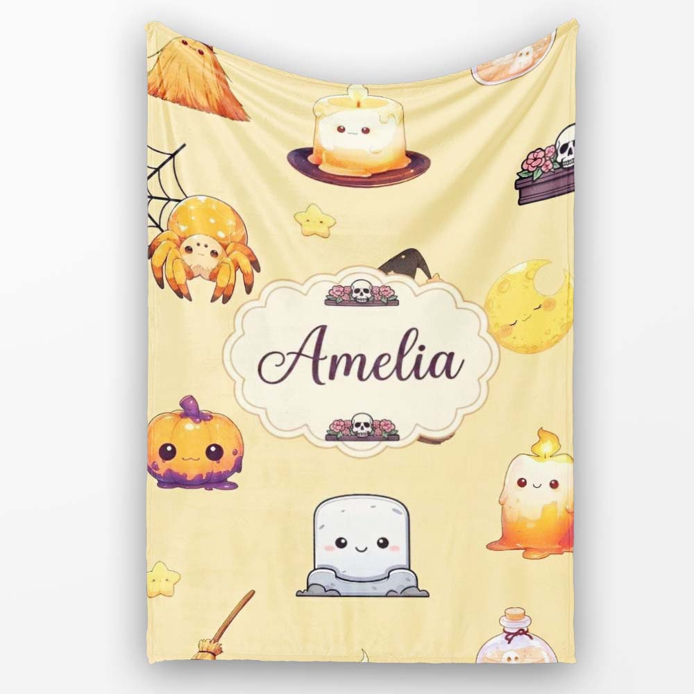 Cute Kawaii Halloween Witch Pumpkin Spider Seamless Pattern Beige Personalised Custom Name Super Soft Fleece Blanket Bed Sofa Throw