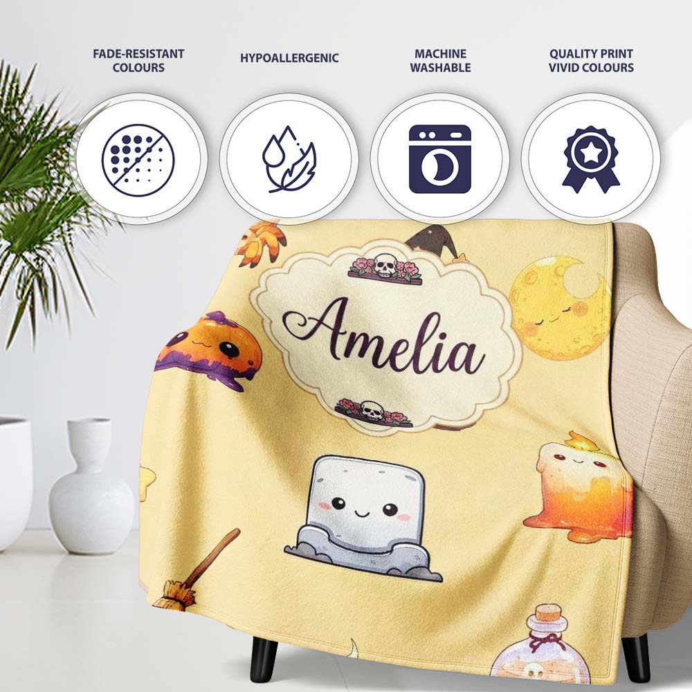 Cute Kawaii Halloween Witch Pumpkin Spider Seamless Pattern Beige Personalised Custom Name Super Soft Fleece Blanket Bed Sofa Throw