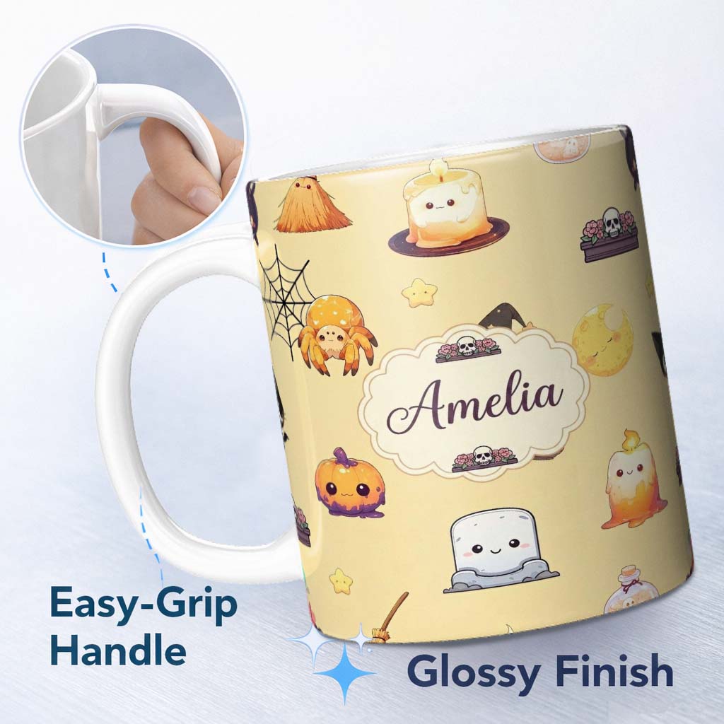 Personalized Custom Name Cute Kawaii Halloween Witch Pumpkin Spider Seamless Pattern Beige 11oz Ceramic Coffee Tea Mug White Large Handle