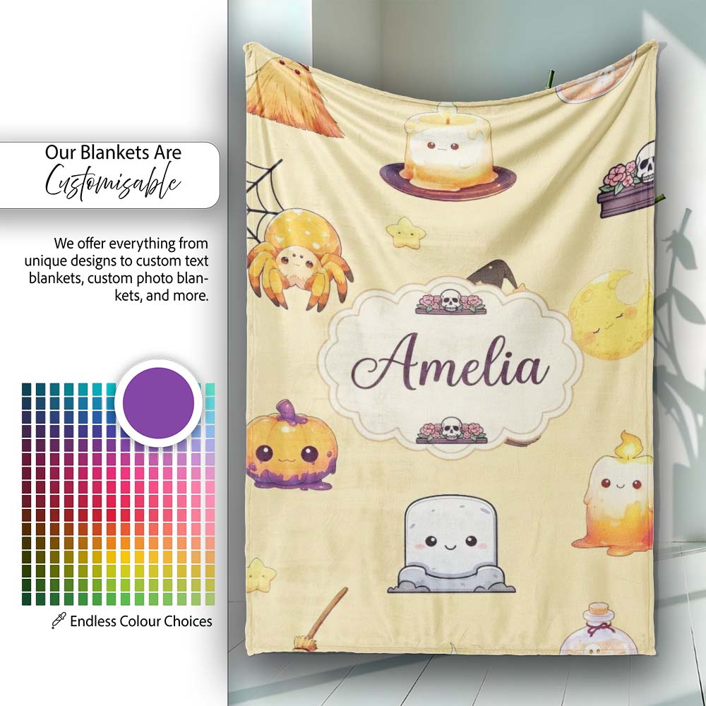 Cute Kawaii Halloween Witch Pumpkin Spider Seamless Pattern Beige Personalised Custom Name Super Soft Fleece Blanket Bed Sofa Throw