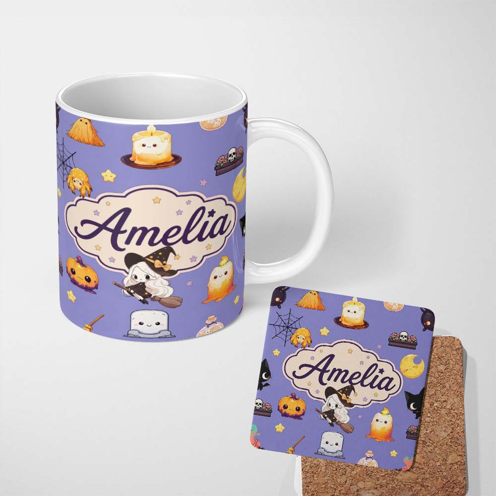 Personalized Custom Name Cute Kawaii Halloween Witch Pumpkin Spider Seamless Pattern Purple 11oz Ceramic Coffee Tea Mug White Large Handle