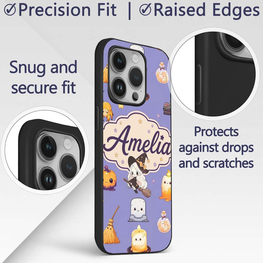 Cute Kawaii Halloween Witch Decorative Design Custom Name Protective Phone Case Mobile Cover Durable Everyday Smartphone Shock Resistant