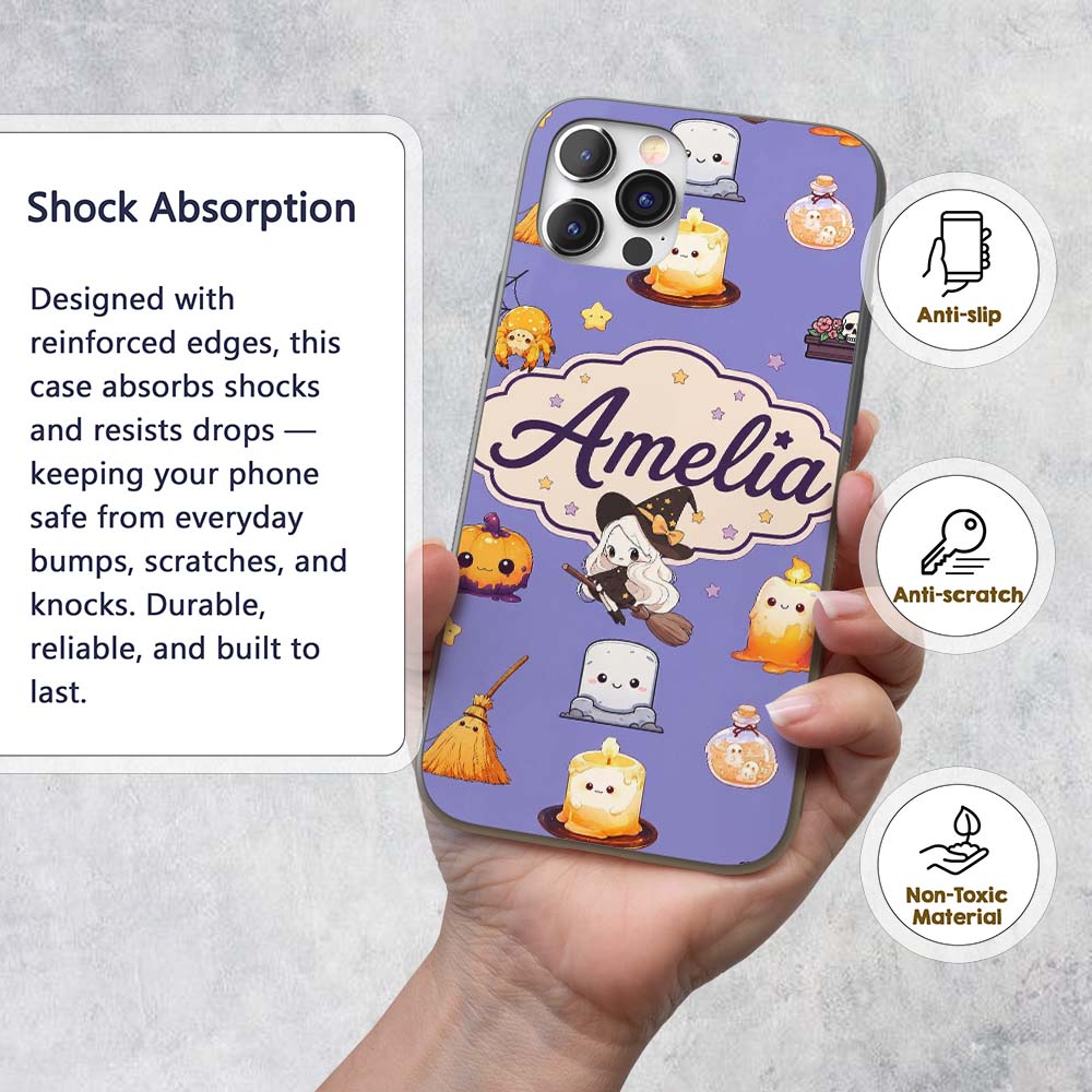 Cute Kawaii Halloween Witch Decorative Design Custom Name Protective Phone Case Mobile Cover Durable Everyday Smartphone Shock Resistant