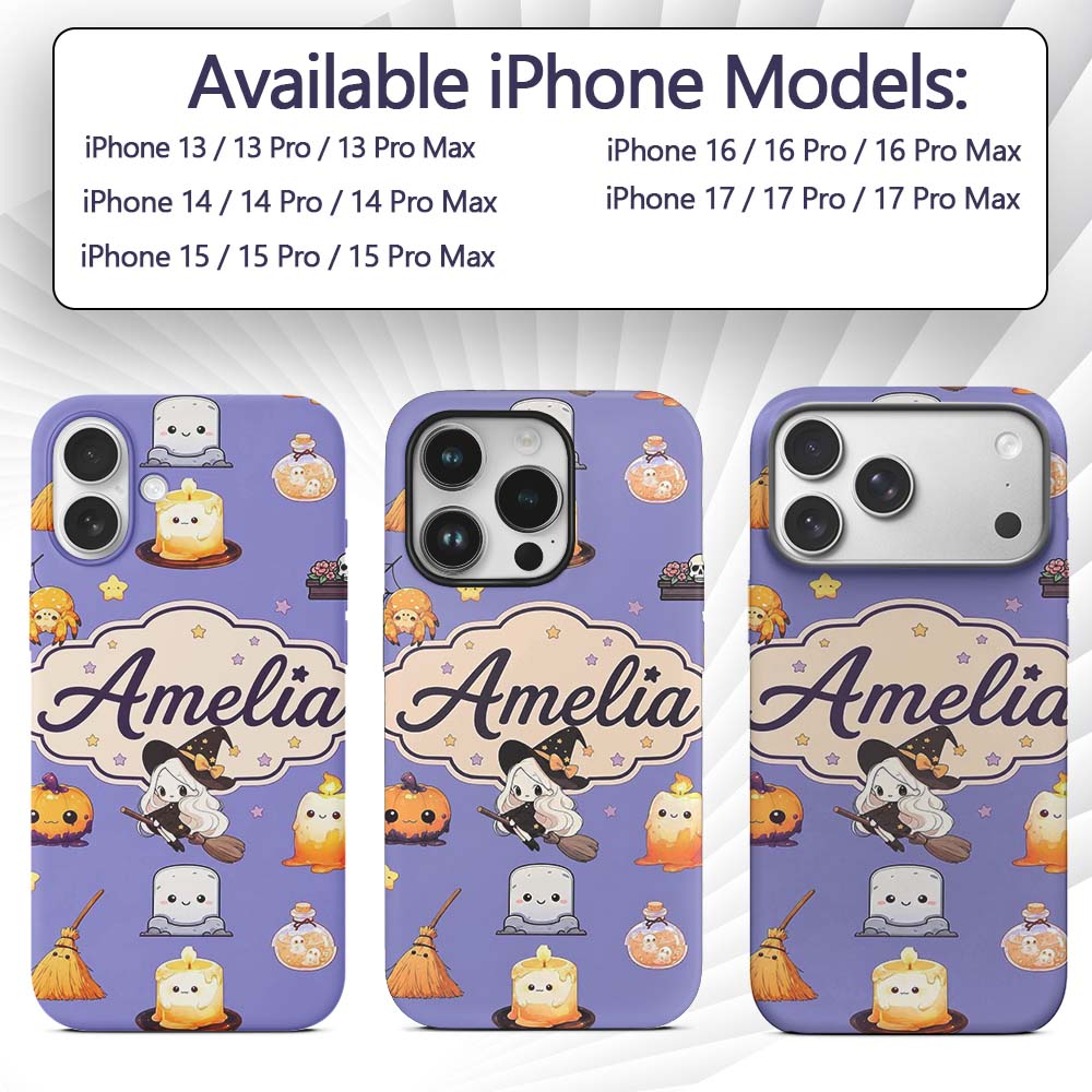 Cute Kawaii Halloween Witch Decorative Design Custom Name Protective Phone Case Mobile Cover Durable Everyday Smartphone Shock Resistant
