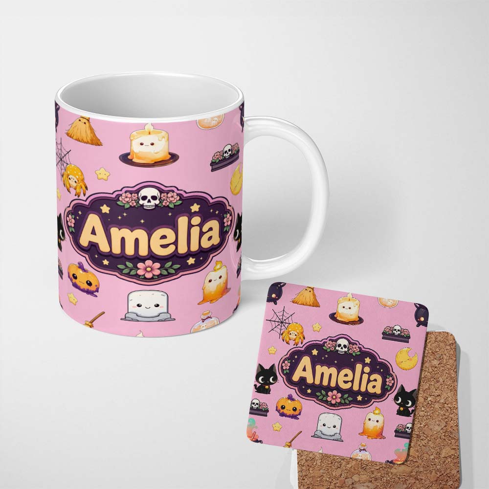 Personalized Custom Name Cute Kawaii Halloween Witch Pumpkin Spider Seamless Pattern Rose 11oz Ceramic Coffee Tea Mug White Large Handle