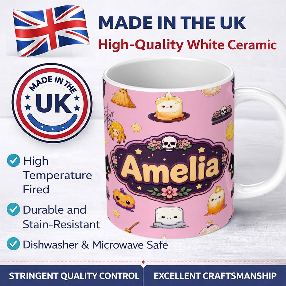 Personalized Custom Name Cute Kawaii Halloween Witch Pumpkin Spider Seamless Pattern Rose 11oz Ceramic Coffee Tea Mug White Large Handle
