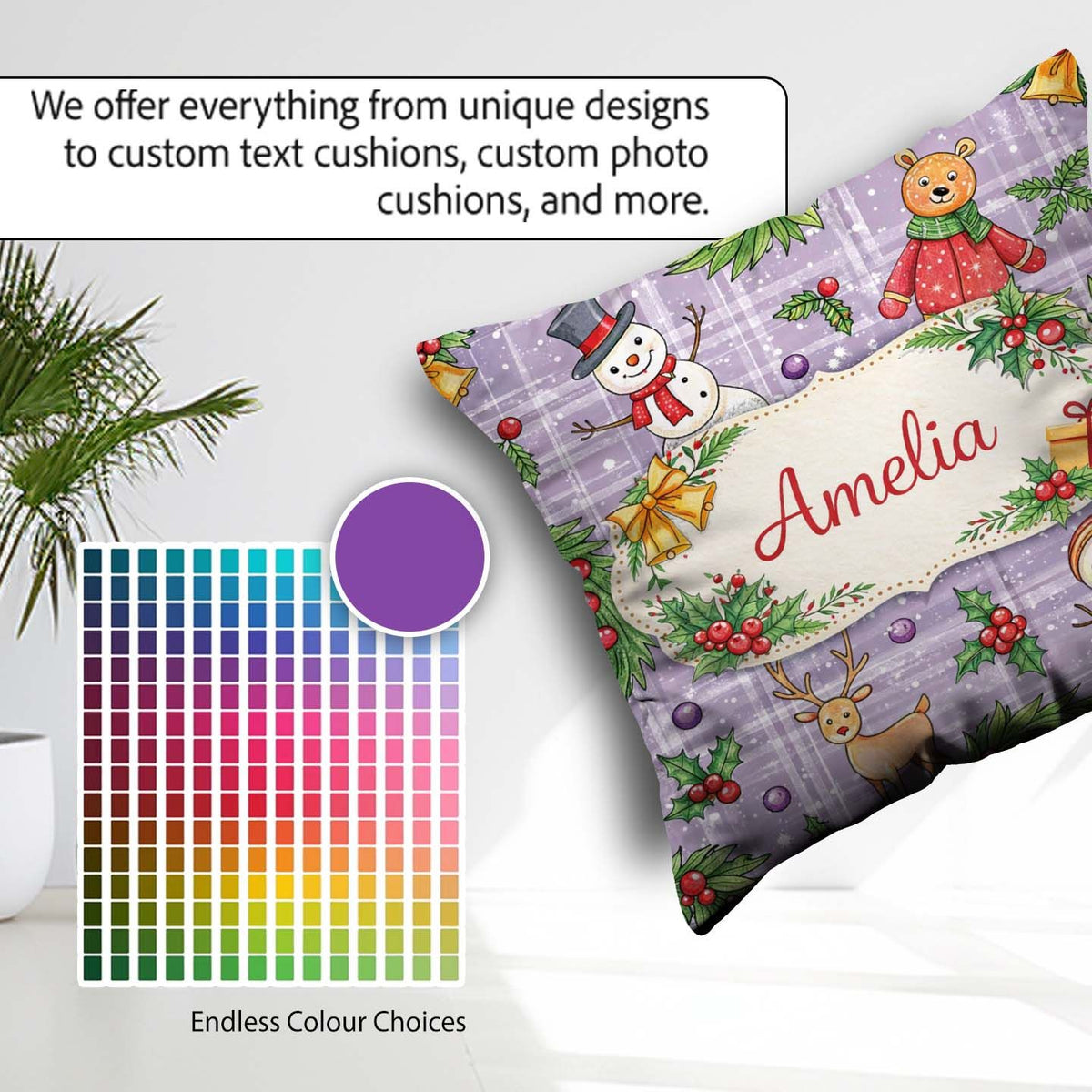 Custom Name Winter Holiday Snowman Reindeer Seamless Pattern Square Filled Cushion Throw Pillow Sofa Bed Home Decor Zip Washable UK Made