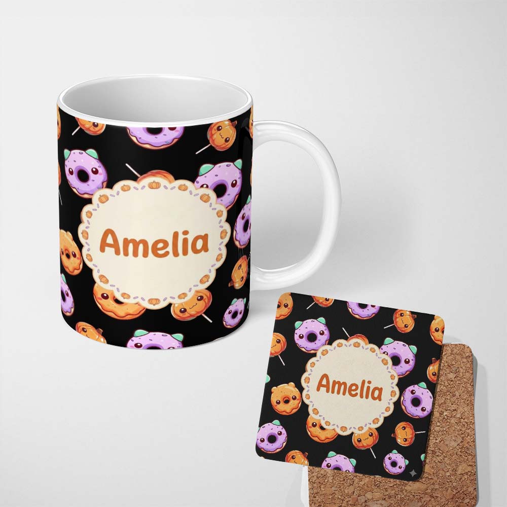 Personalized Custom Name Cute Halloween Donuts Pumpkin Lollipop Seamless Pattern Black 11oz Ceramic Coffee Tea Mug White Large Handle