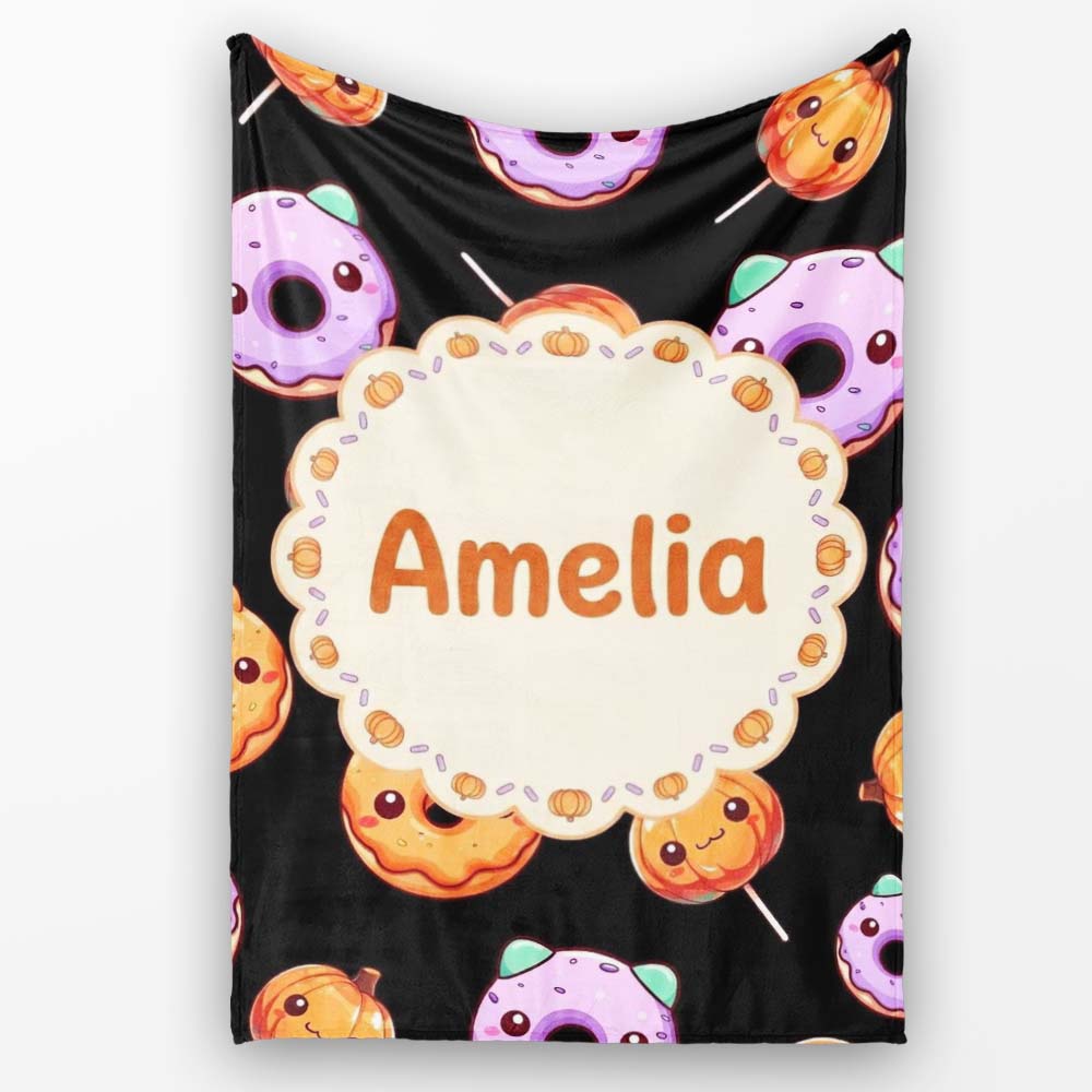 Cute Halloween Donuts Pumpkin Lollipop Seamless Pattern Black Personalised Custom Name Super Soft Fleece Blanket Bed Sofa Throw