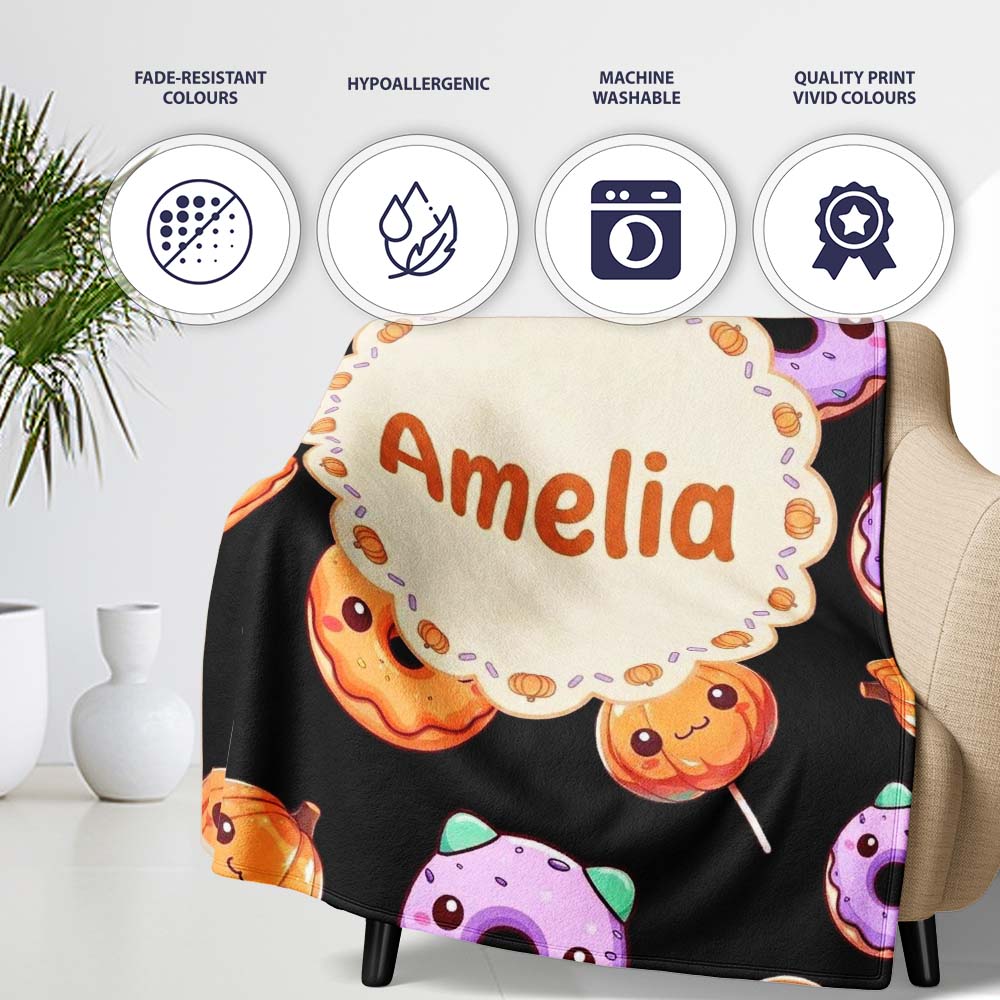 Cute Halloween Donuts Pumpkin Lollipop Seamless Pattern Black Personalised Custom Name Super Soft Fleece Blanket Bed Sofa Throw