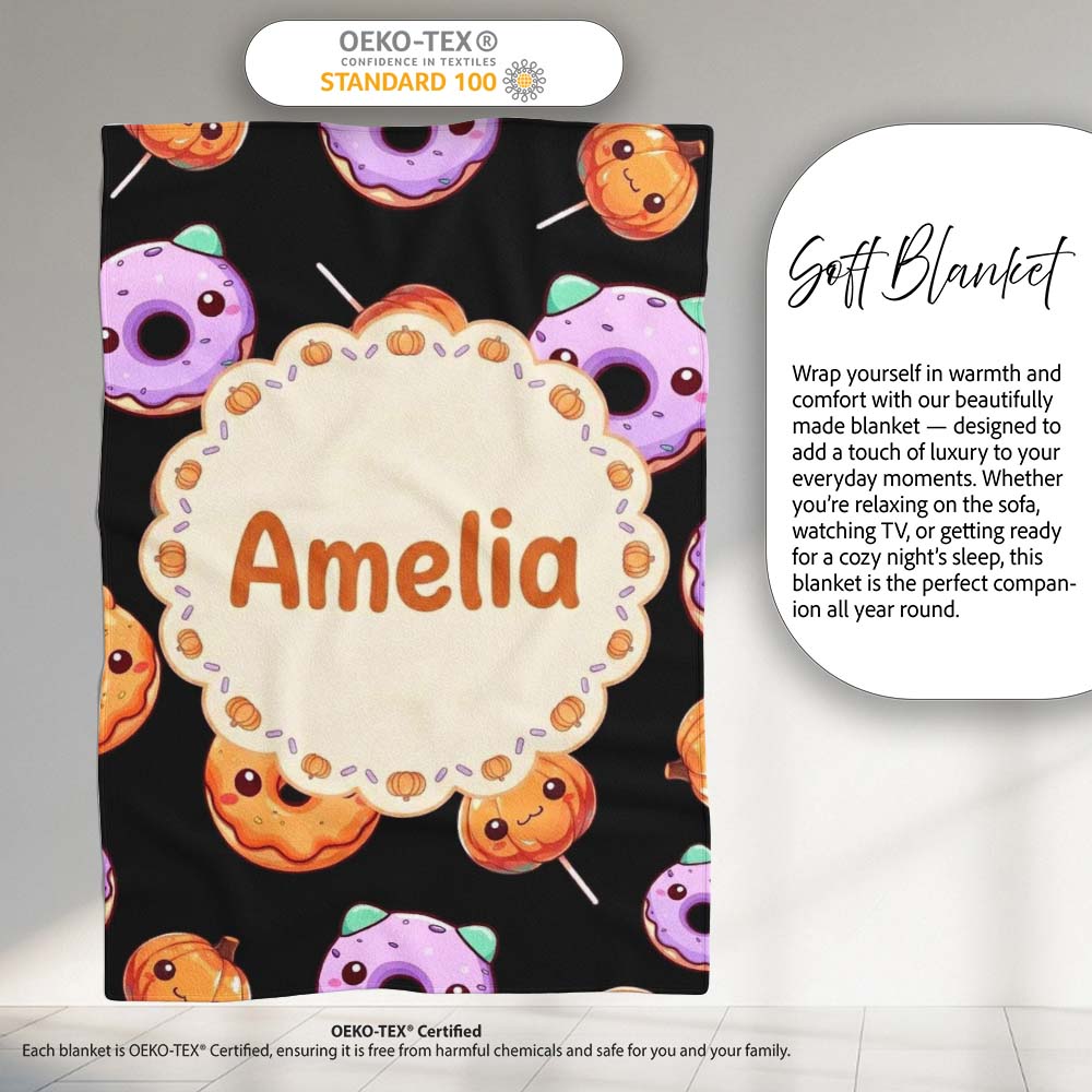 Cute Halloween Donuts Pumpkin Lollipop Seamless Pattern Black Personalised Custom Name Super Soft Fleece Blanket Bed Sofa Throw