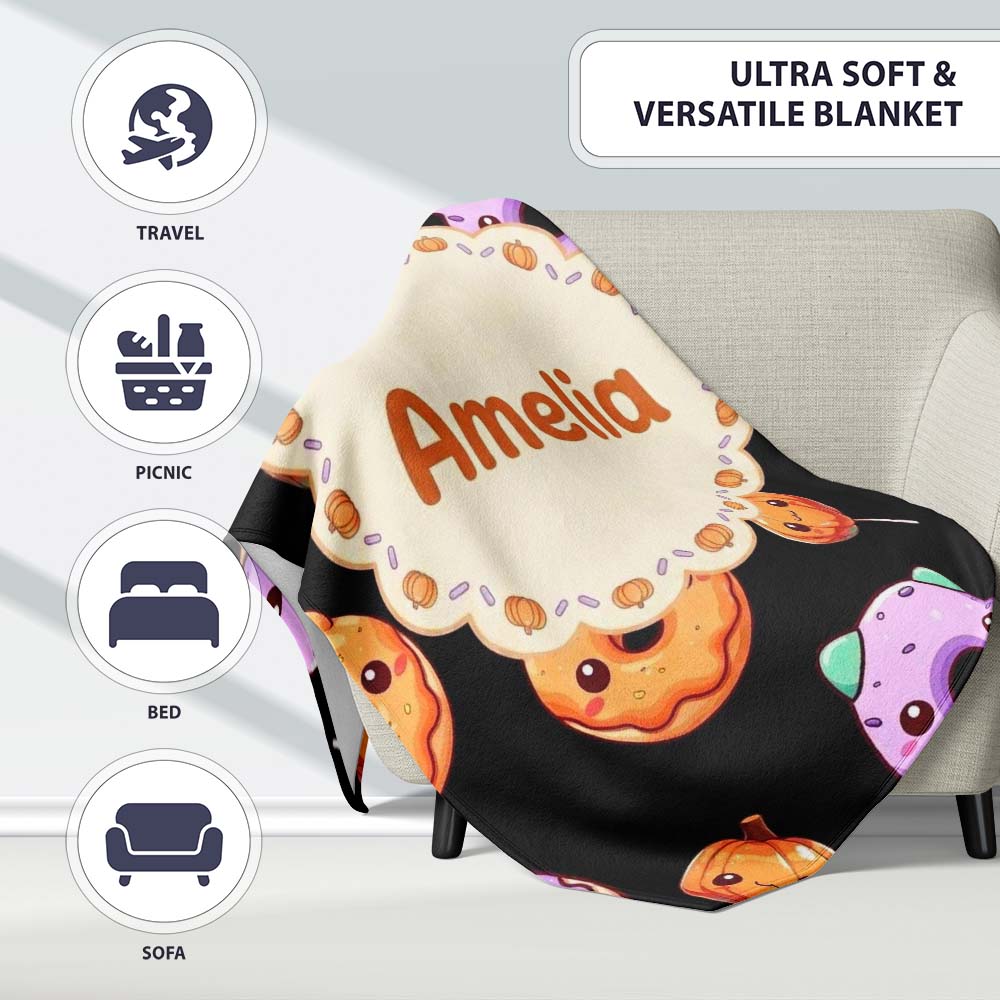 Cute Halloween Donuts Pumpkin Lollipop Seamless Pattern Black Personalised Custom Name Super Soft Fleece Blanket Bed Sofa Throw