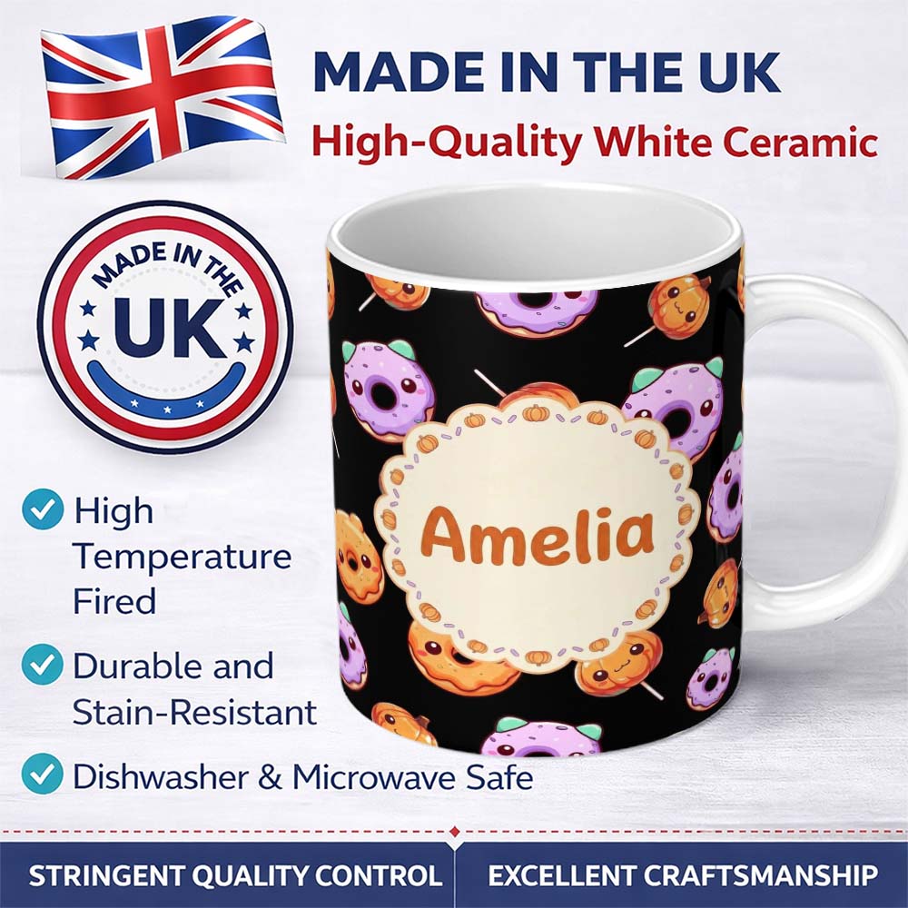 Personalized Custom Name Cute Halloween Donuts Pumpkin Lollipop Seamless Pattern Black 11oz Ceramic Coffee Tea Mug White Large Handle