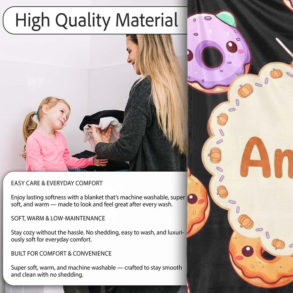 Cute Halloween Donuts Pumpkin Lollipop Seamless Pattern Black Personalised Custom Name Super Soft Fleece Blanket Bed Sofa Throw