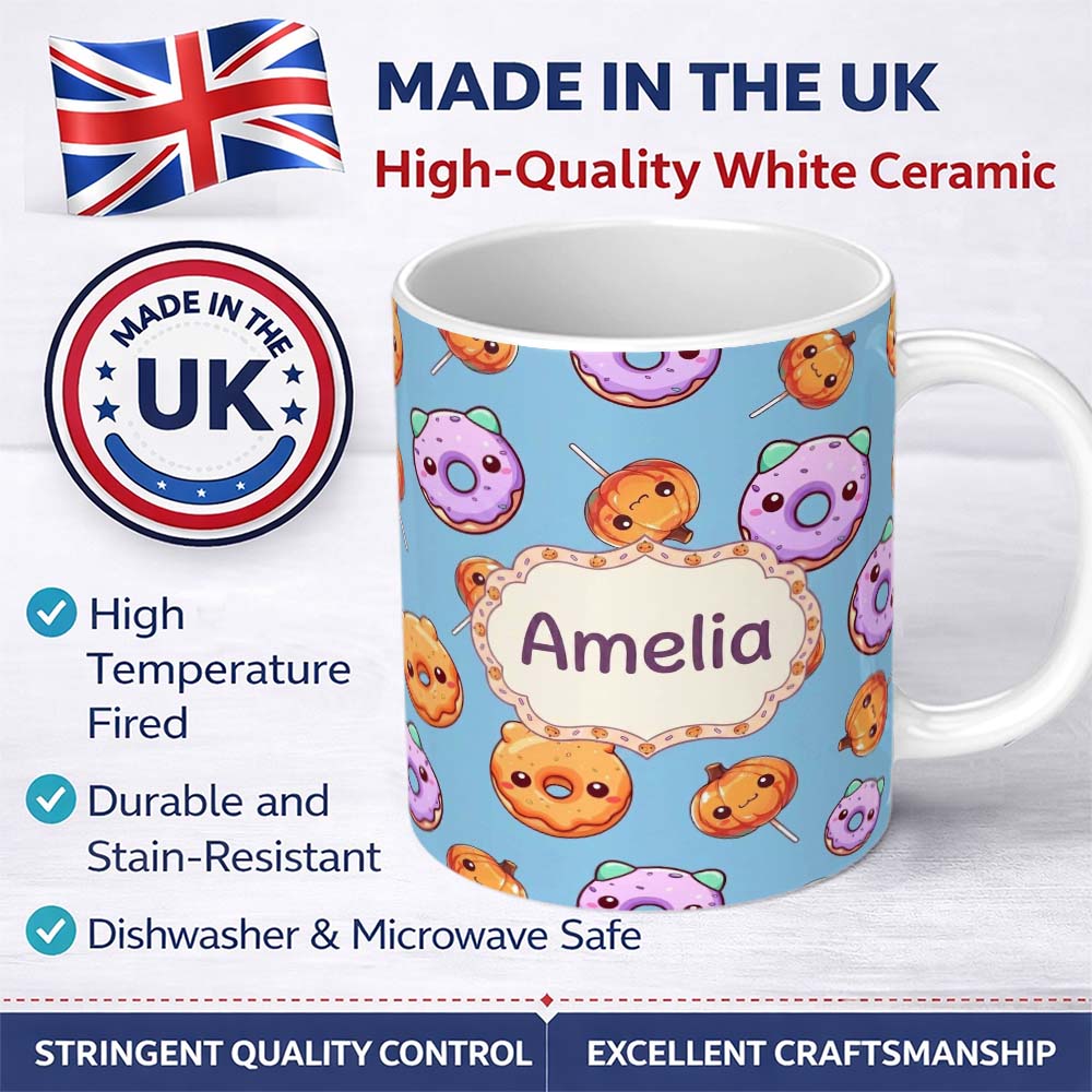 Personalized Custom Name Cute Halloween Donuts Pumpkin Lollipop Seamless Pattern Blue 11oz Ceramic Coffee Tea Mug White Large Handle