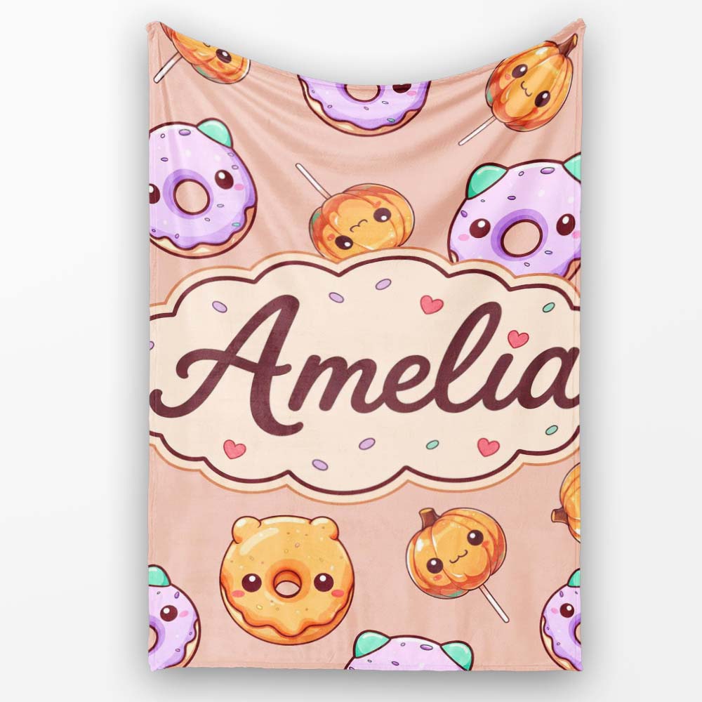 Cute Halloween Donuts Pumpkin Lollipop Seamless Pattern Peach Personalised Custom Name Super Soft Fleece Blanket Bed Sofa Throw