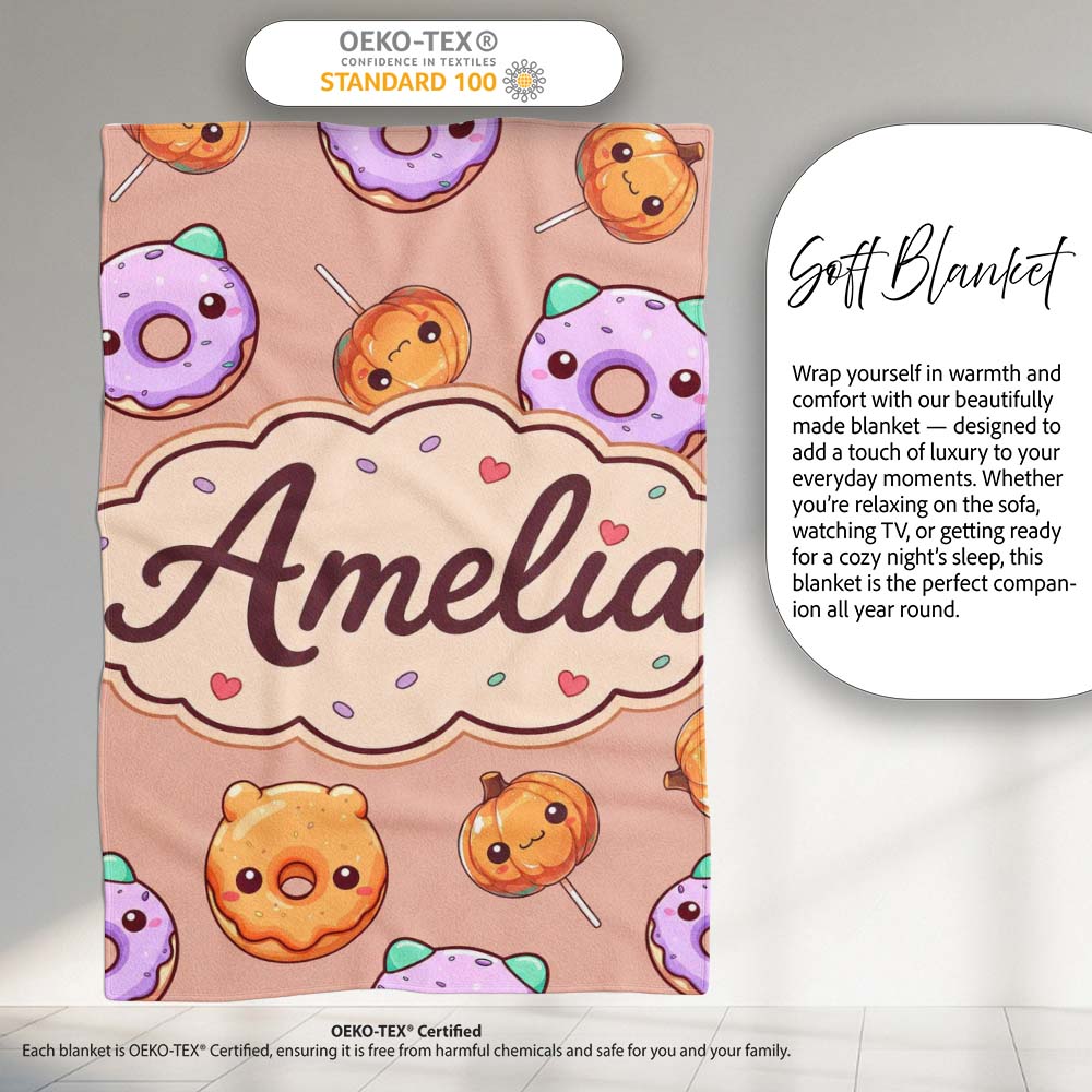 Cute Halloween Donuts Pumpkin Lollipop Seamless Pattern Peach Personalised Custom Name Super Soft Fleece Blanket Bed Sofa Throw