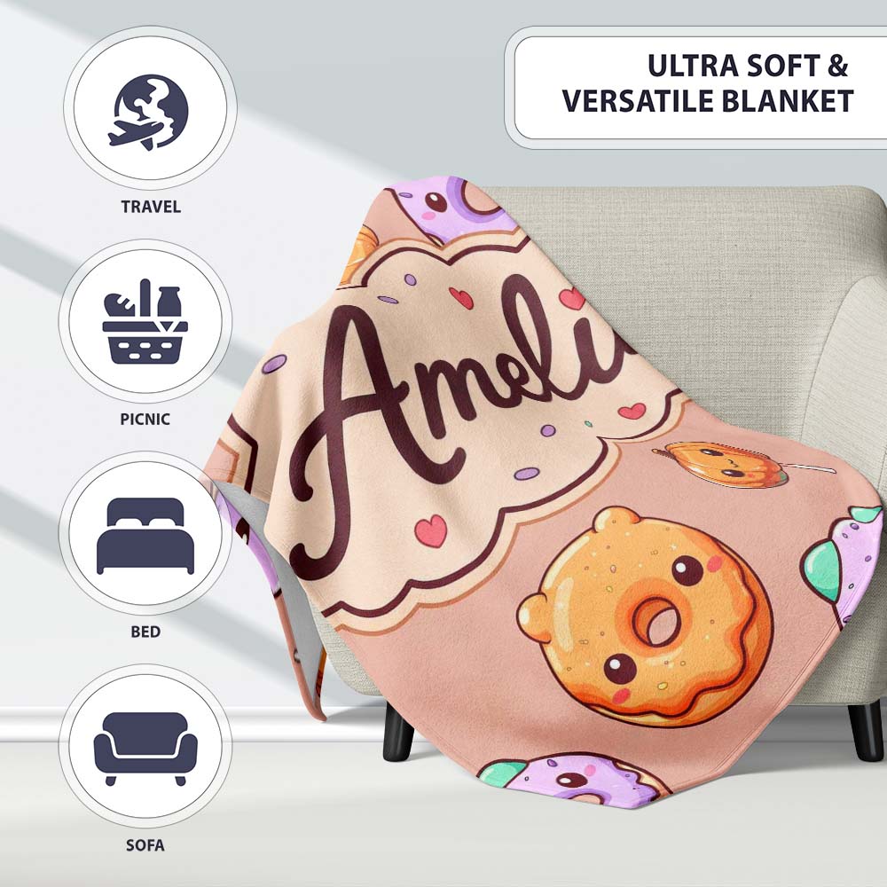 Cute Halloween Donuts Pumpkin Lollipop Seamless Pattern Peach Personalised Custom Name Super Soft Fleece Blanket Bed Sofa Throw