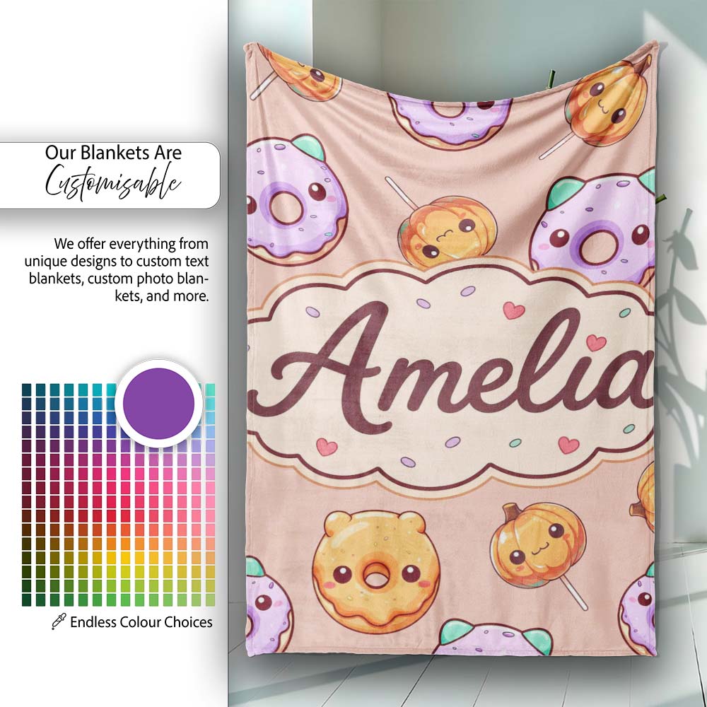 Cute Halloween Donuts Pumpkin Lollipop Seamless Pattern Peach Personalised Custom Name Super Soft Fleece Blanket Bed Sofa Throw
