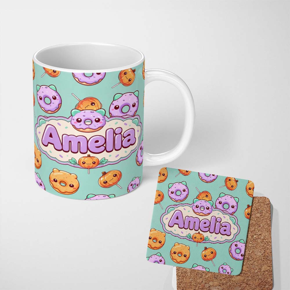 Personalized Custom Name Cute Halloween Donuts Pumpkin Lollipop Seamless Pattern Teal 11oz Ceramic Coffee Tea Mug White Large Handle