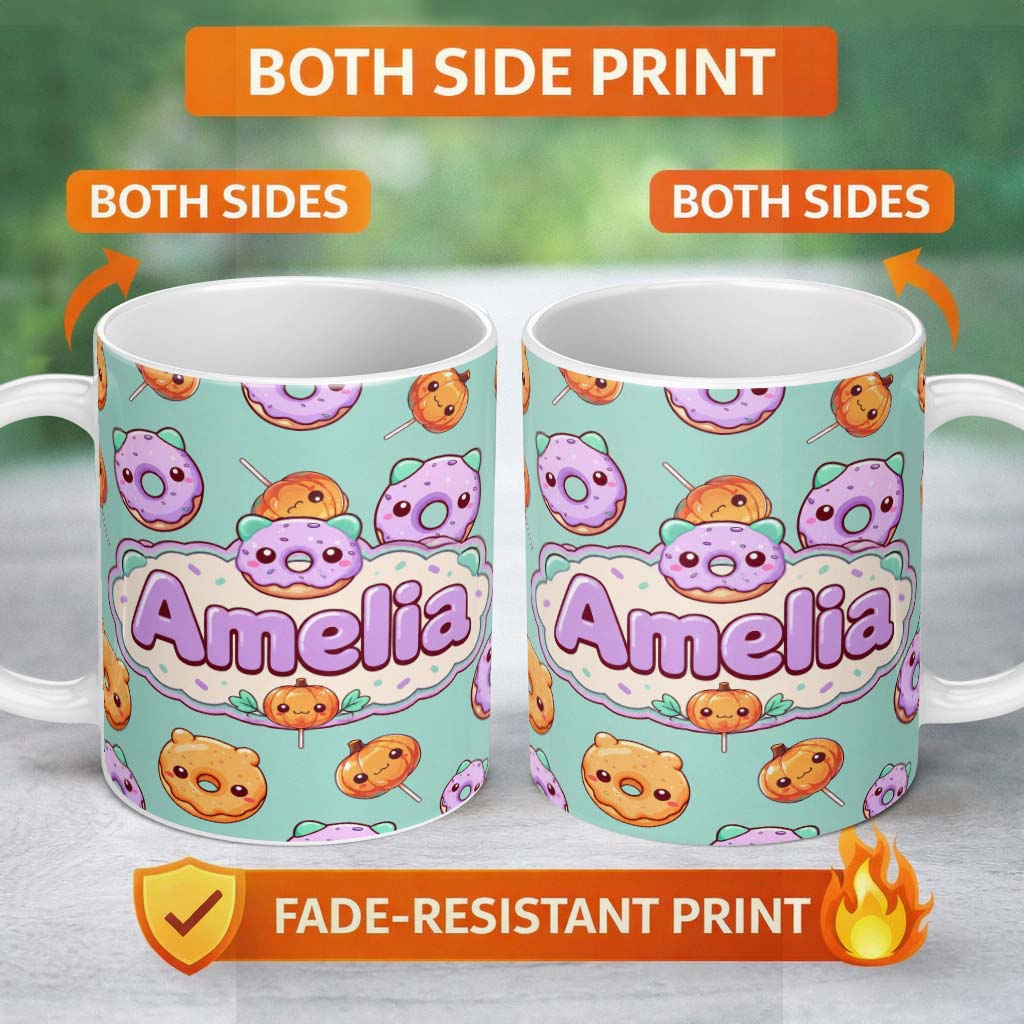 Personalized Custom Name Cute Halloween Donuts Pumpkin Lollipop Seamless Pattern Teal 11oz Ceramic Coffee Tea Mug White Large Handle