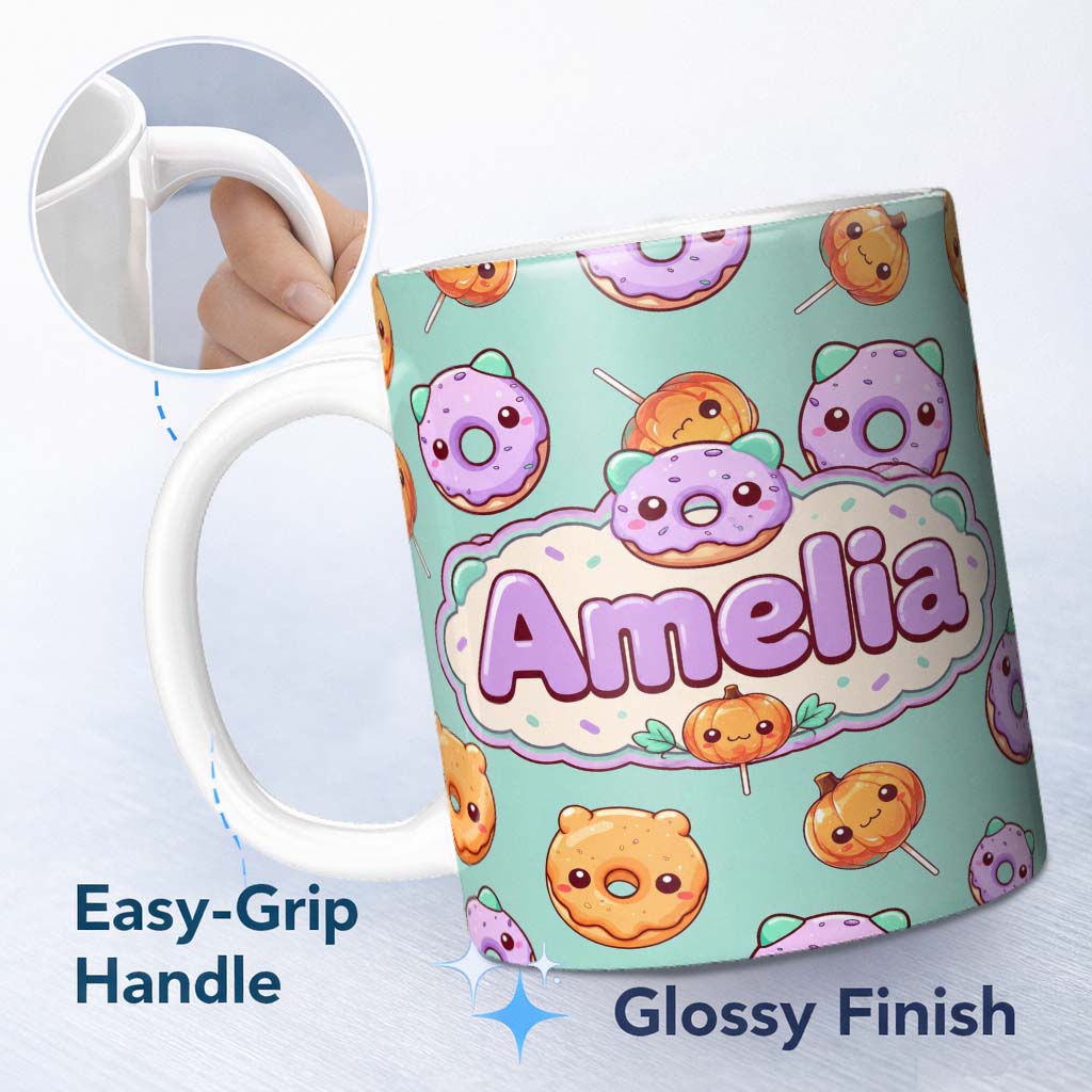 Personalized Custom Name Cute Halloween Donuts Pumpkin Lollipop Seamless Pattern Teal 11oz Ceramic Coffee Tea Mug White Large Handle