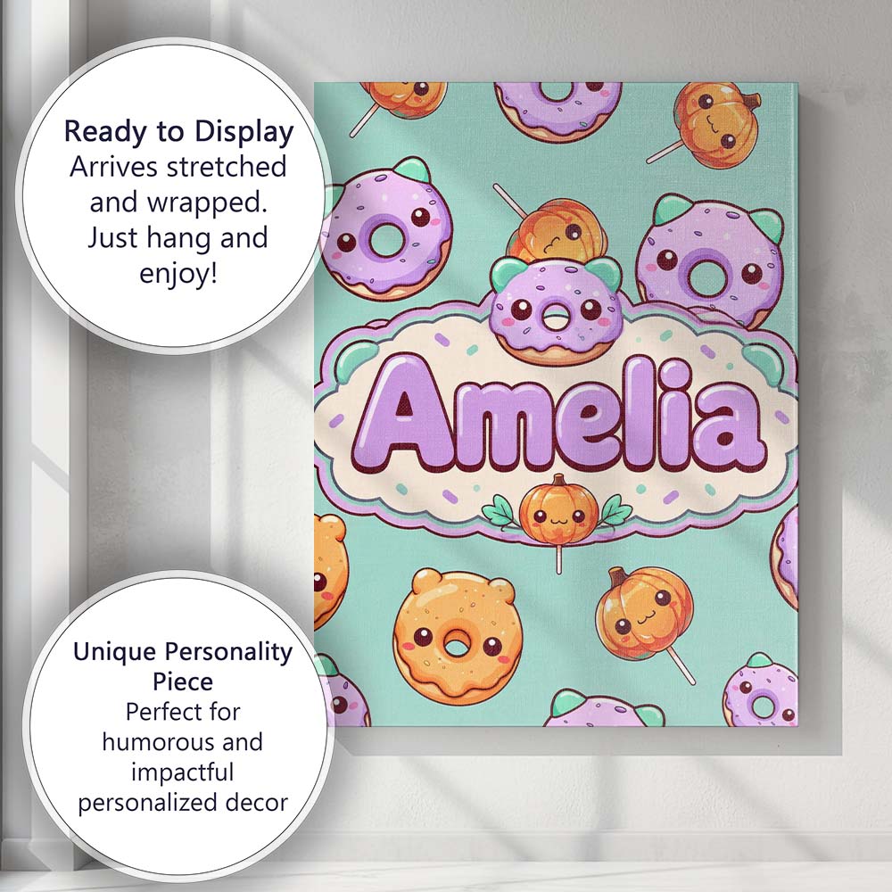 Personalised Name Cute Halloween Donuts Custom Modern Room Accent Elegant Feature Canvas Wall Art Print Decor Picture Ready to Hang
