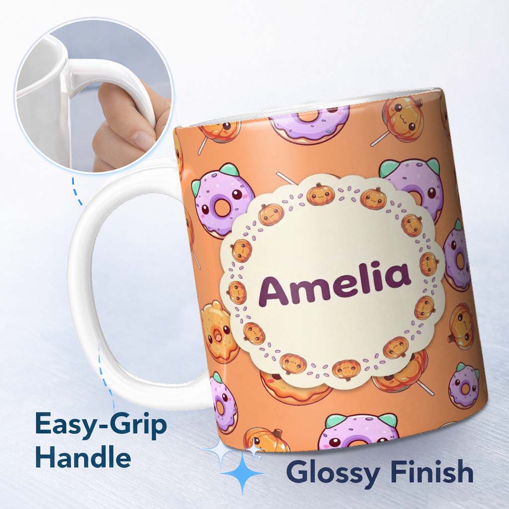 Personalized Custom Name Cute Halloween Donuts Pumpkin Lollipop Seamless Pattern Orange 11oz Ceramic Coffee Tea Mug White Large Handle