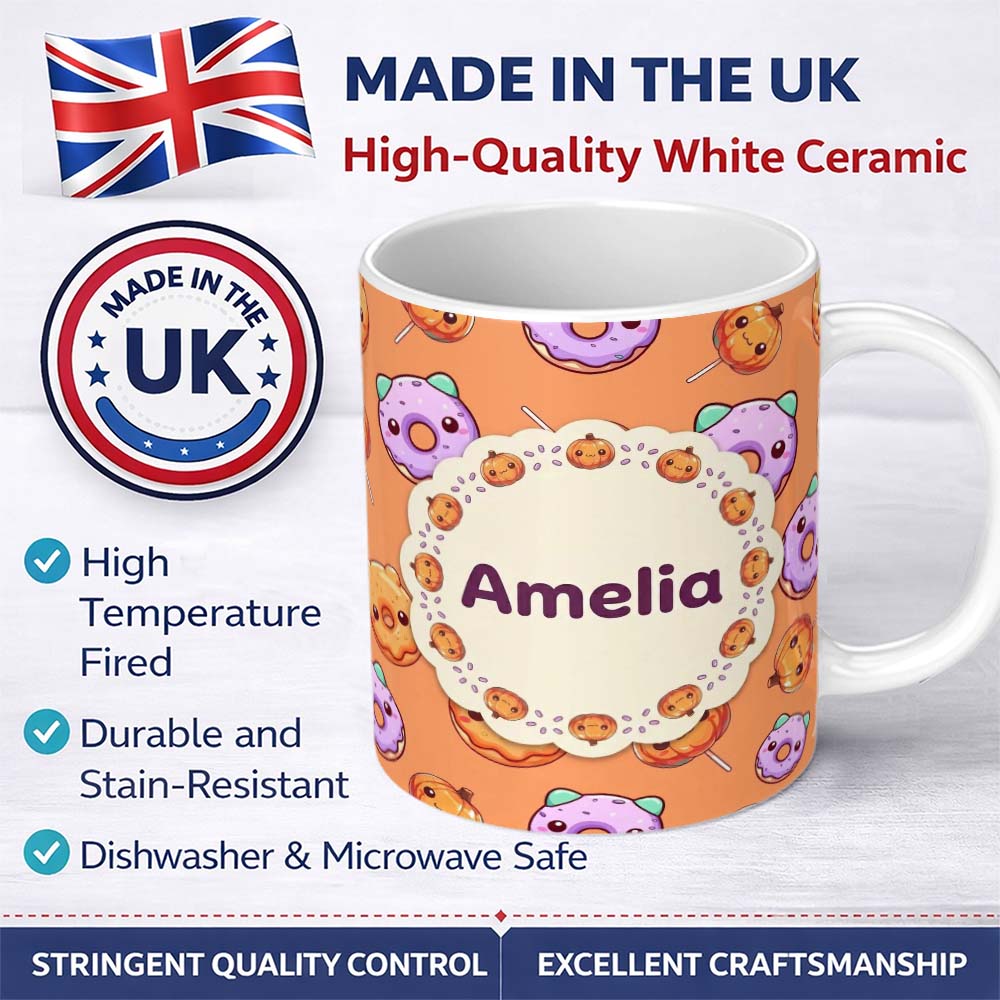 Personalized Custom Name Cute Halloween Donuts Pumpkin Lollipop Seamless Pattern Orange 11oz Ceramic Coffee Tea Mug White Large Handle