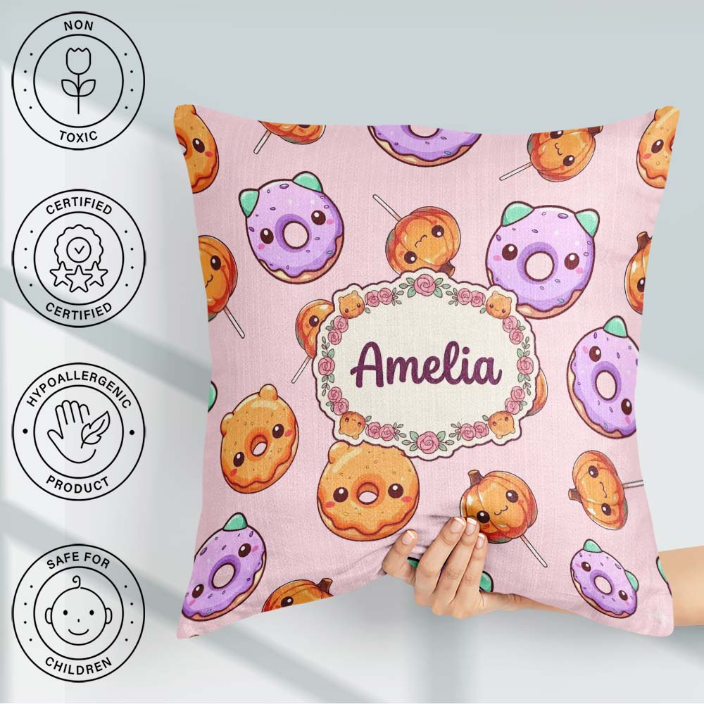 Custom Name Halloween Donuts Pumpkin Lollipop Seamless Soft Pink Square Filled Cushion Throw Pillow Sofa Bed Home Decor Zip Washable UK Made