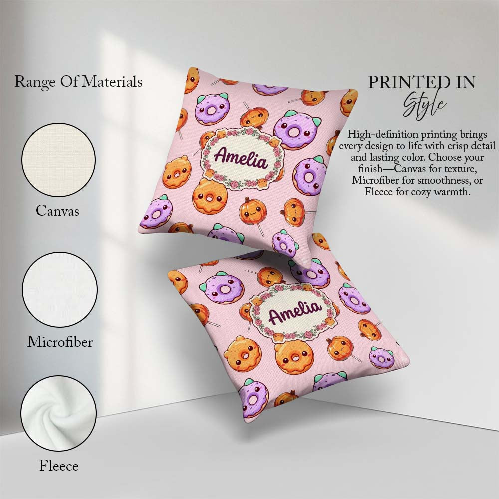 Custom Name Halloween Donuts Pumpkin Lollipop Seamless Soft Pink Square Filled Cushion Throw Pillow Sofa Bed Home Decor Zip Washable UK Made