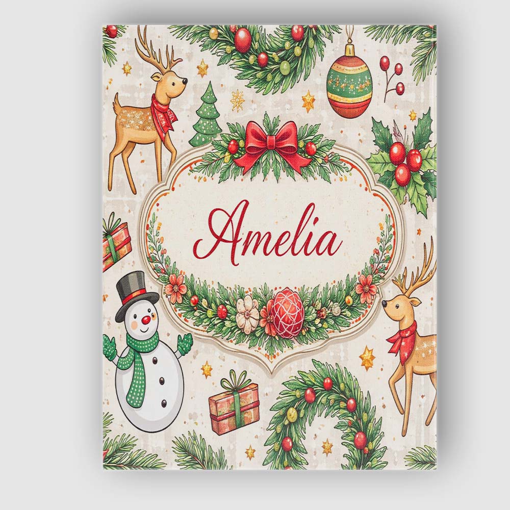 Personalised Name Classic Christmas Plaid Tree Reindeer Seamless Custom Interior Canvas Wall Art Print Decor Picture Ready to Hang