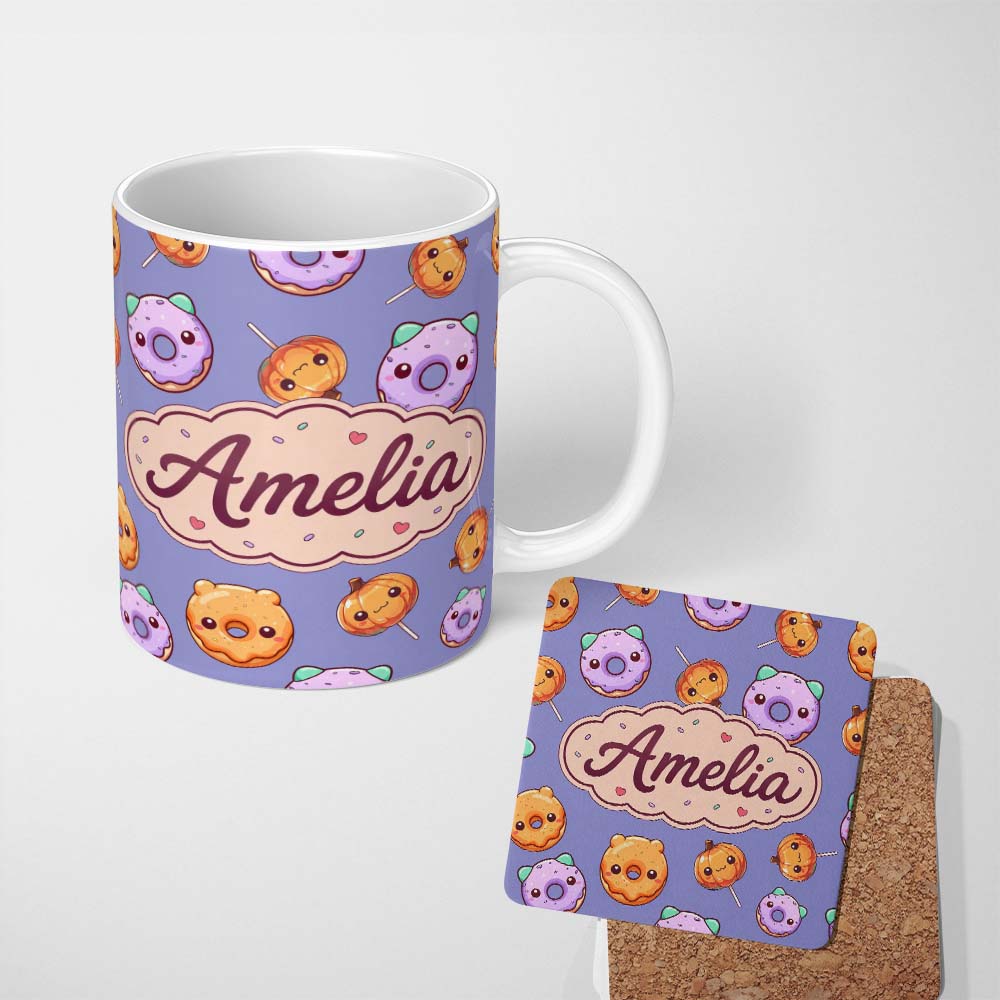 Personalized Custom Name Cute Halloween Donuts Pumpkin Lollipop Seamless Pattern Purple 11oz Ceramic Coffee Tea Mug White Large Handle