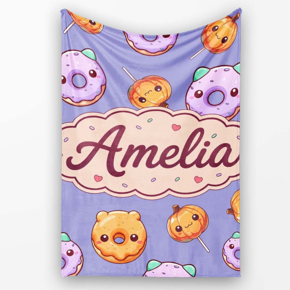 Cute Halloween Donuts Pumpkin Lollipop Seamless Pattern Purple Personalised Custom Name Super Soft Fleece Blanket Bed Sofa Throw