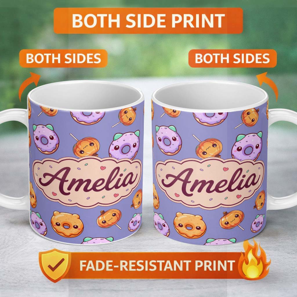 Personalized Custom Name Cute Halloween Donuts Pumpkin Lollipop Seamless Pattern Purple 11oz Ceramic Coffee Tea Mug White Large Handle