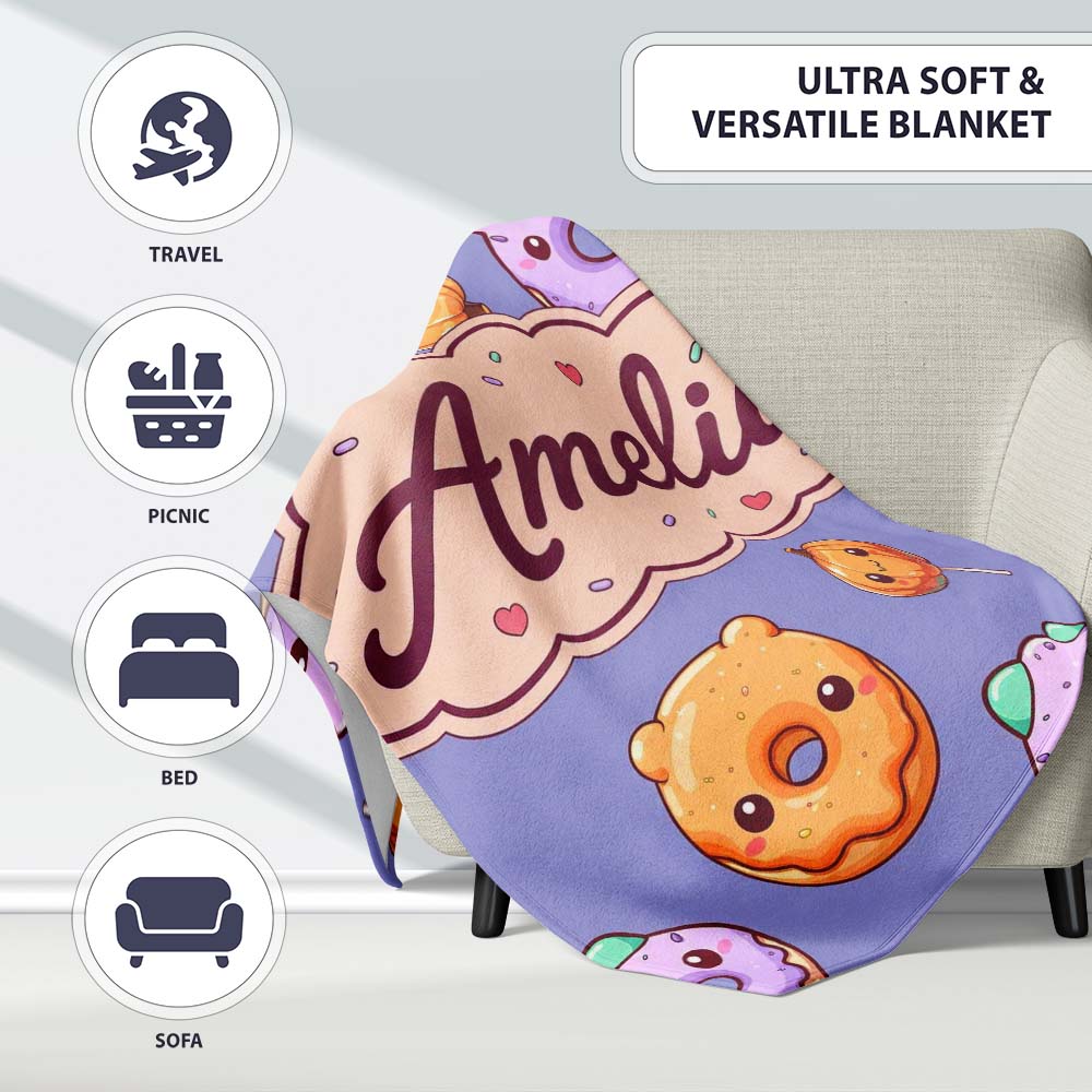 Cute Halloween Donuts Pumpkin Lollipop Seamless Pattern Purple Personalised Custom Name Super Soft Fleece Blanket Bed Sofa Throw
